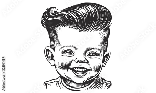 Smiling child with retro hairstyle, black and white drawing, flat icons set, vector.