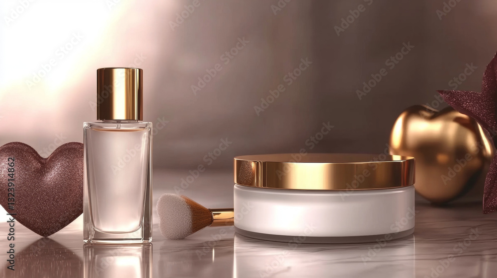 Elegant skincare set with golden accents on marble surface, featuring bottle and jar Elegant skincare set with golden accents on marble surface, featuring bottle and jar