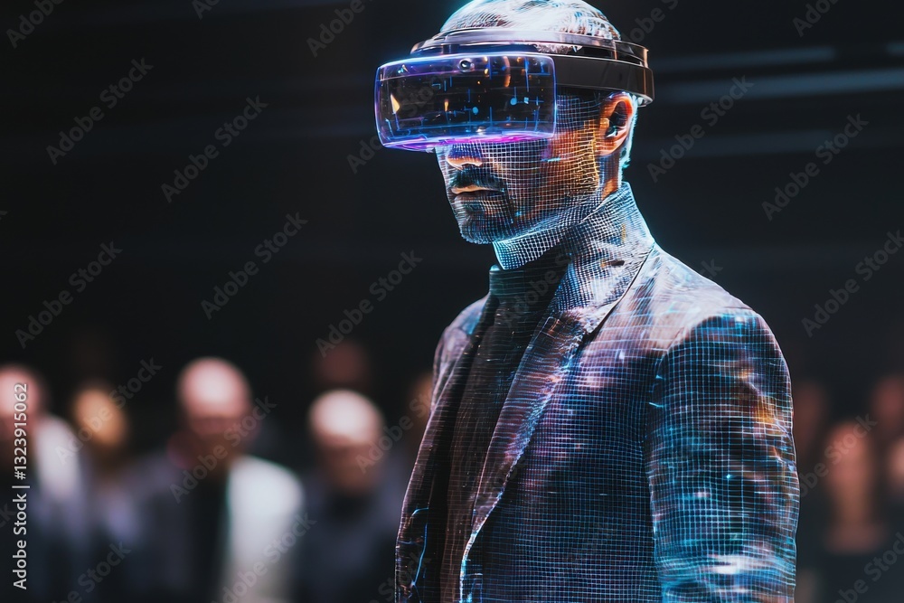 A man wearing virtual reality headset at a tech presentation for an audience, displayed as a digital grid figure, a look into the future of technology. A man wearing virtual reality headset at a tech presentation for an audience, displayed as a digital grid figure, a look into the future of technology.