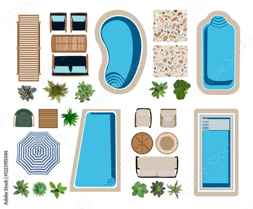 Outdoor top view icons for landscape design plan. Sofas, armchairs, table, plants, sunbed, swimming pools, umbrella, terrazzo floor pattern for garden, back yard, resort. Vector illustration isolated.