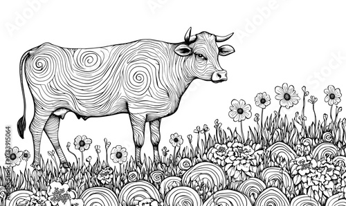 Cow in floral meadow - detailed linear icons set - vector.