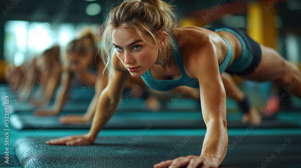 Fototapeta premium Focused woman doing plank exercise in fitness class.