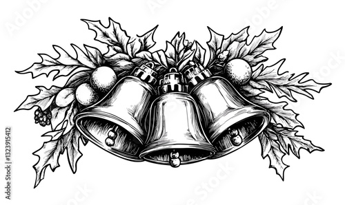 Christmas bells with holly and berries, festive holiday decor, linear icons set vector.