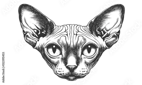 Sphynx cat head detailed linear art, black and white vector, flat style icons set.