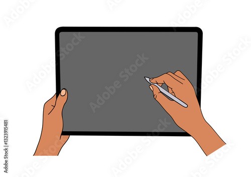 Hands draw on tablet with blank screen and pen. Digital artist creating illustration using graphics tablet. Device, gadget mockup. Colorful Vector illustration 