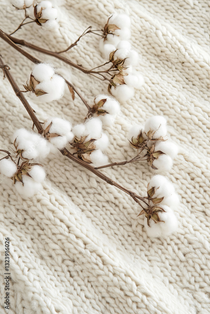 Natural cotton branch on soft fabric background, perfect for organic textiles, eco friendly concepts, and minimal rustic decor Natural cotton branch on soft fabric background, perfect for organic textiles, eco friendly concepts, and minimal rustic decor