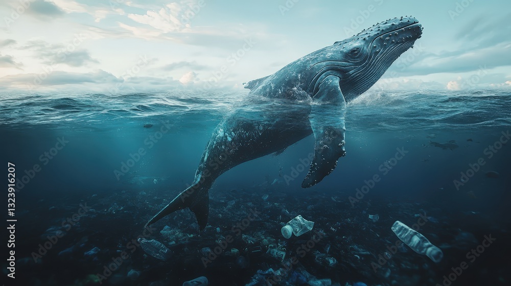 Naklejka premium A whale swims gracefully above an underwater scene filled with plastic debris, highlighting ocean pollution and the impact on marine life.