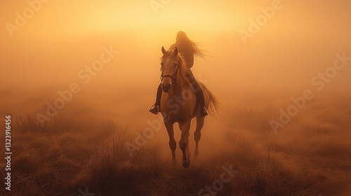 Woman riding palomino horse in foggy field at sunset.