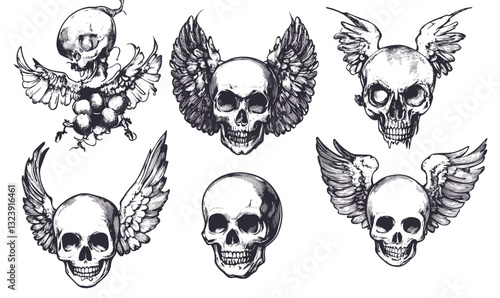 Winged skull icons set in monochrome linear style vector.