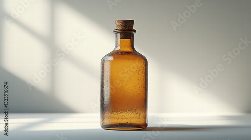 Amber Glass Bottle: A close-up shot reveals the elegant shape and details of an amber glass bottle, casting delicate shadows against a soft background.