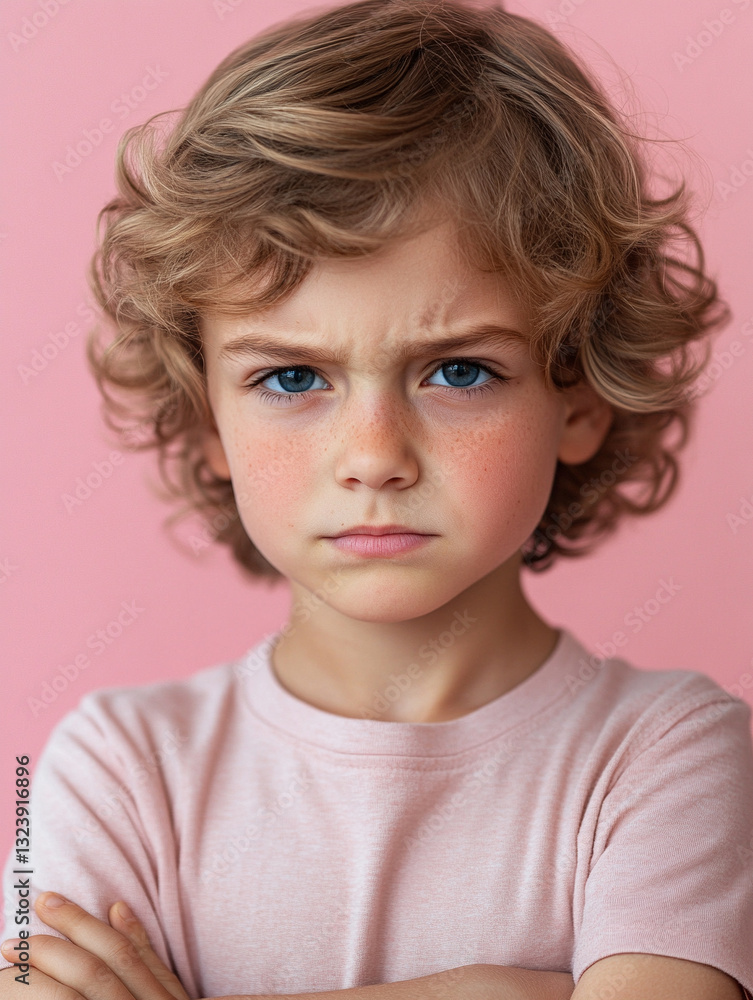 Young child with serious expression against pink backdrop Young child with serious expression against pink backdrop