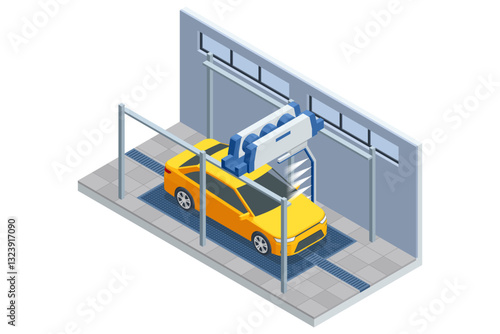Isometric automatic car wash station. A yellow car is in an automatic car wash station. A large blue and white machine with rotating brushes is cleaning the vehicle. The station is indoors, with