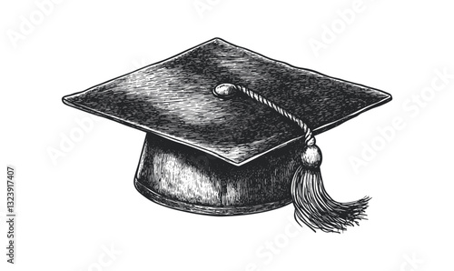 Graduation cap with tassel icon set, flat black and white vector, linear style.