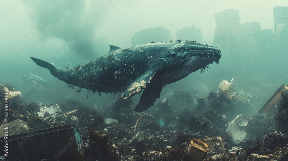 Fototapeta premium A majestic whale swims through a polluted underwater environment, surrounded by debris, illustrating the impact of waste on marine life.