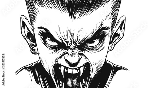 Fierce vampire face with sharp fangs and earring, monochrome vector, linear icons set.