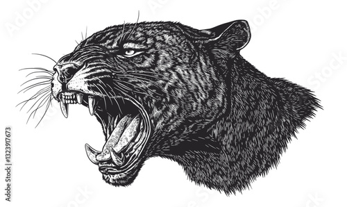 Roaring panther head drawing in black and white - linear animal icons set, vector.
