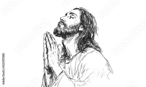 Praying religious figures: hand-drawn portraits in linear vector style, icons set.
