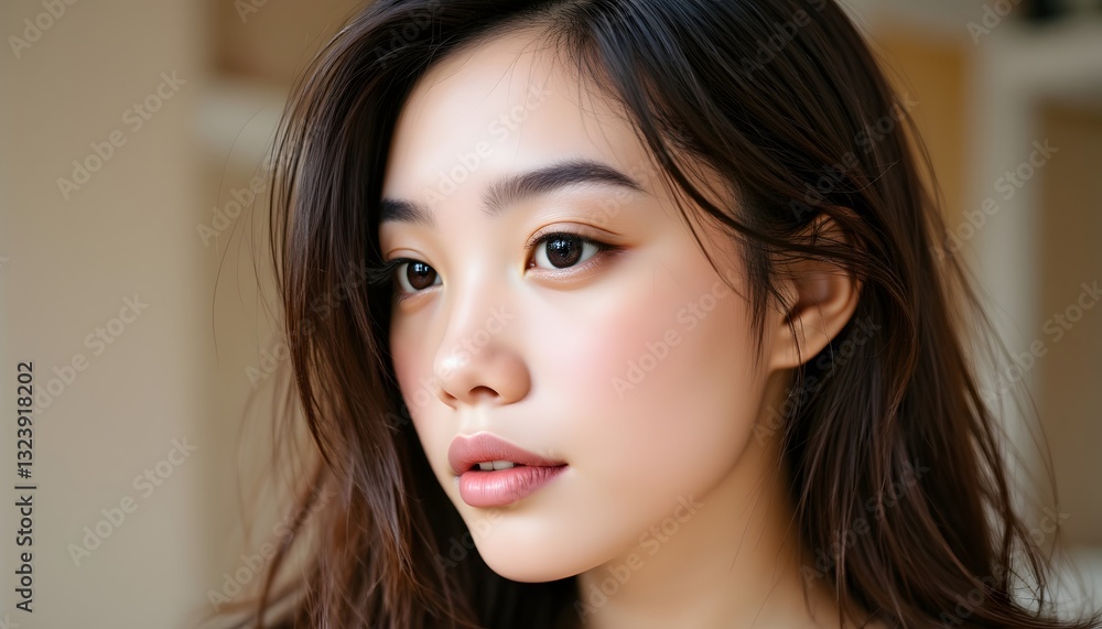 Obraz premium The close up portrait of an Asian woman showcases her flawless skin, almond shaped eyes, high cheekbones, and delicate features, exuding a sense of elegance and grace.