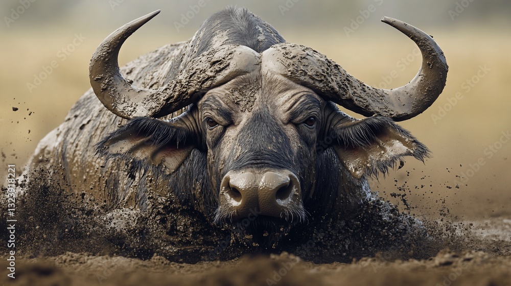 Naklejka premium Mud-caked Cape buffalo wallowing, savanna background, wildlife documentary
