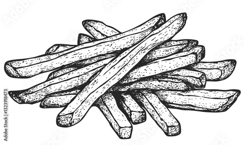 Hand-drawn french fries in a pile - snack icons set, linear style, vector.