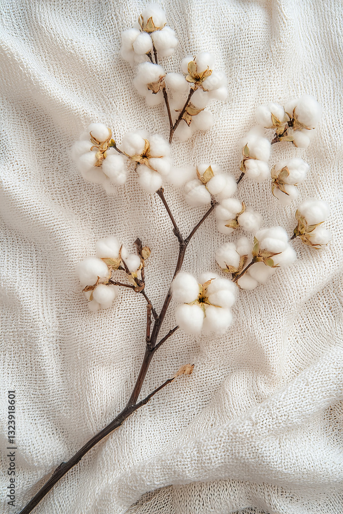 Fluffy cotton branch on soft fabric with warm earthy tones, ideal for natural textiles, eco conscious design, and minimal aesthetics Fluffy cotton branch on soft fabric with warm earthy tones, ideal for natural textiles, eco conscious design, and minimal aesthetics