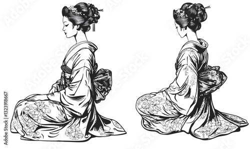 Traditional geisha in kimono seated in profile, elegant japanese artwork, linear icons set..