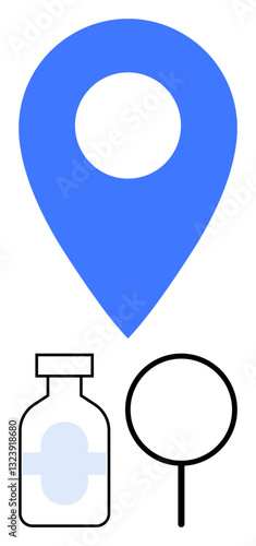 Blue location pin, medicine bottle, magnifying lens. Ideal for healthcare, medicine discovery, search, pharmacy services, map navigation medical research access to treatment. Simple flat metaphor