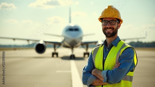 An aviation technician in safety gear standing on the runway with a jet behind him. Professional ground crew, airline staff, and aviation industry work.