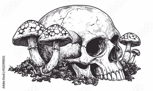 Skull with mushrooms vector - linear icons set.
