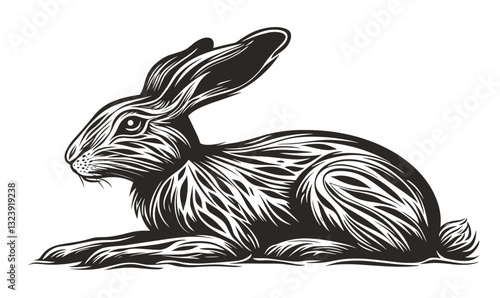Stylized hare line art on white background, black linear animal design, vector, flat icons set.