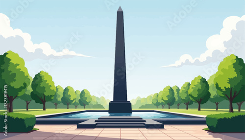 Obelisk monument surrounded by trees and a reflecting pool