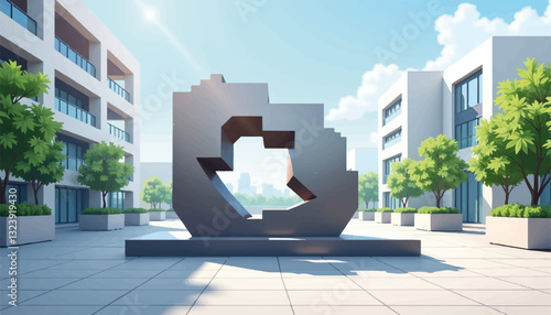 Modern sculpture in urban plaza with greenery