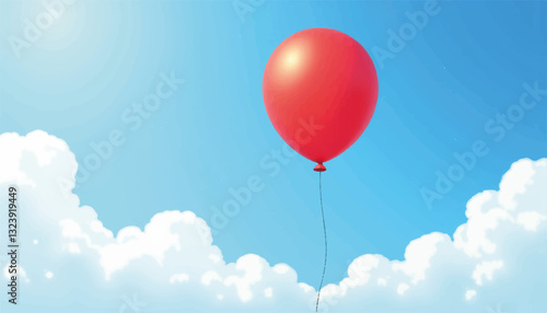 Red balloon floating in blue sky with clouds