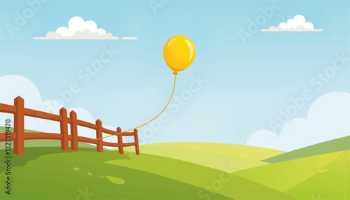 Yellow balloon floating over green hills with wooden fence