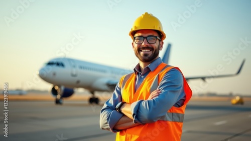 A cheerful aviation worker wearing a hard hat and high-visibility vest at the airport. Airline staff, ground operations, and aircraft maintenance concept.