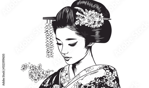 Traditional japanese geisha with floral hairpiece in kimono, linear icons set, vector.
