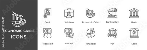 economic crisis icon set. with icon Debt, Job Loss, Bankruptcy, Bank, Recession