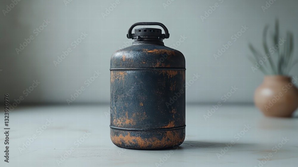 Old Metal Canister: A weathered, cylindrical metal canister with a handle stands on a smooth surface, evoking feelings of the past and a sense of industrial age. Old Metal Canister: A weathered, cylindrical metal canister with a handle stands on a smooth surface, evoking feelings of the past and a sense of industrial age.