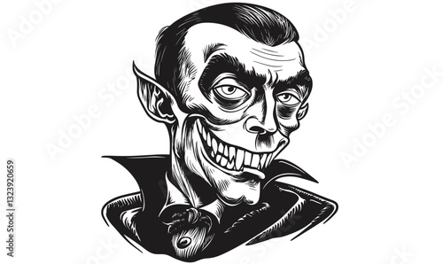 Creepy vampire portrait with pointy ears and fanged smile, vector art, linear icons set.