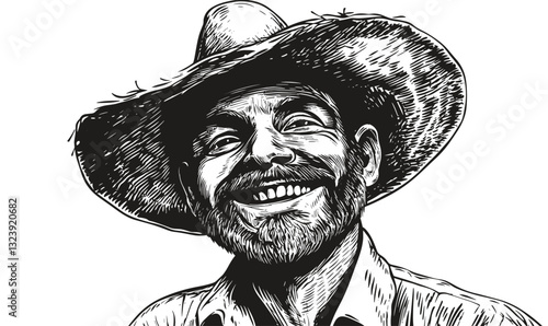 Smiling man in straw hat, black and white sketch icon set, linear style vector.