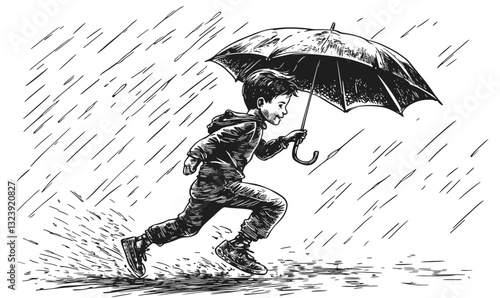 Boy running with umbrella in rain, black and white linear icons set, vector.