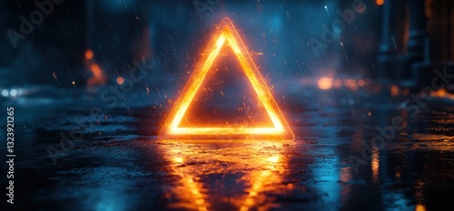 Fototapeta Naklejka Na Ścianę i Meble -  Futuristic Cyberpunk Triangle Glowing Blue and Orange Lights on Reflective Floor in Dark Underground Tunnel Corridor 3D Rendering