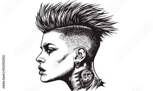 Spiky punk hairstyle portrait with owl tattoo - linear style icons set vector.