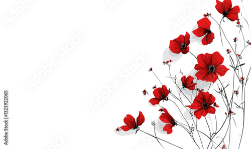 Red flowers and stems, nature icons set - vector, flat style.