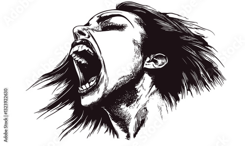 Screaming woman in dramatic black and white art - vector illustration, linear style, icons set.