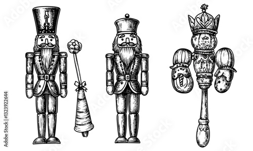 Nutcracker soldiers and scepter vector icons set in linear style.