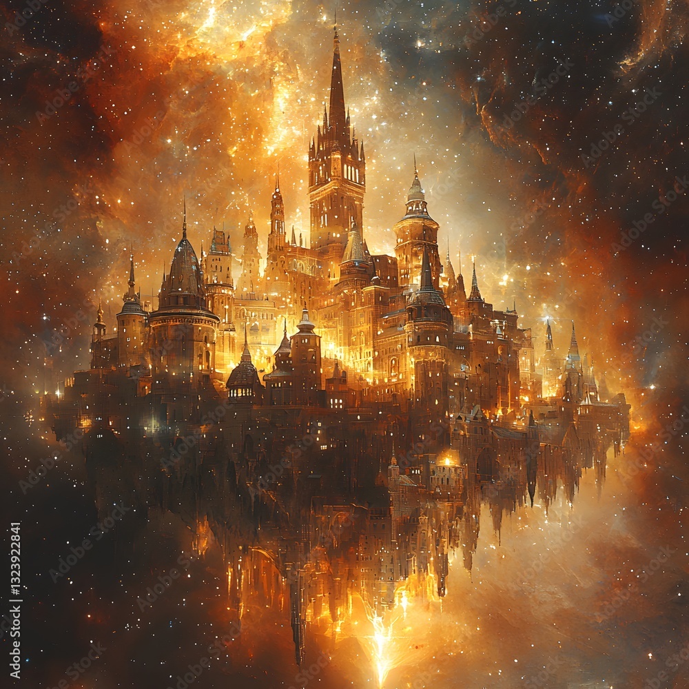 Fototapeta premium A grand castle nestled in the sky surrounded by shimmering spires and a dramatic cosmic landscape in the background