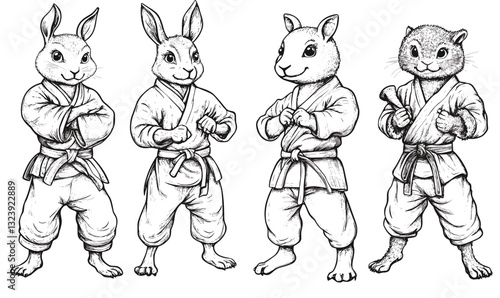 Karate animal characters in martial arts poses, wearing uniforms, linear icons set, vector.