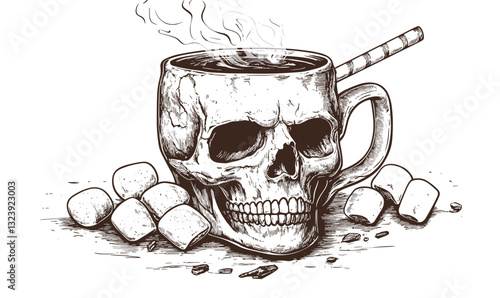 Skull-shaped coffee mug with marshmallows and straw - linear icons set, vector.