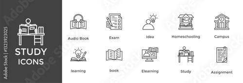 study icon set. with icon Exam, Idea, Homeschooling, Campus, book